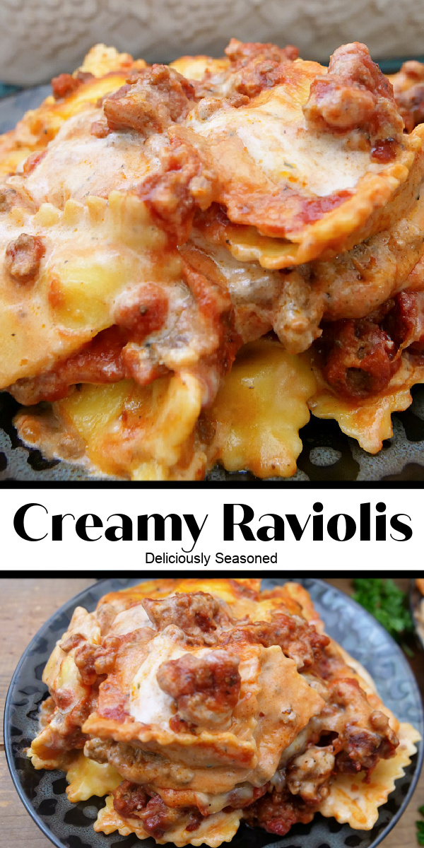 A double collage photo of creamy raviolis.