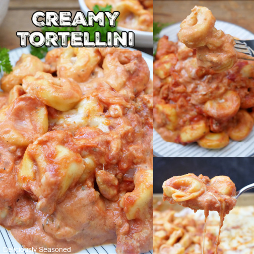 A three collage photo of creamy tortellini on a white plate.