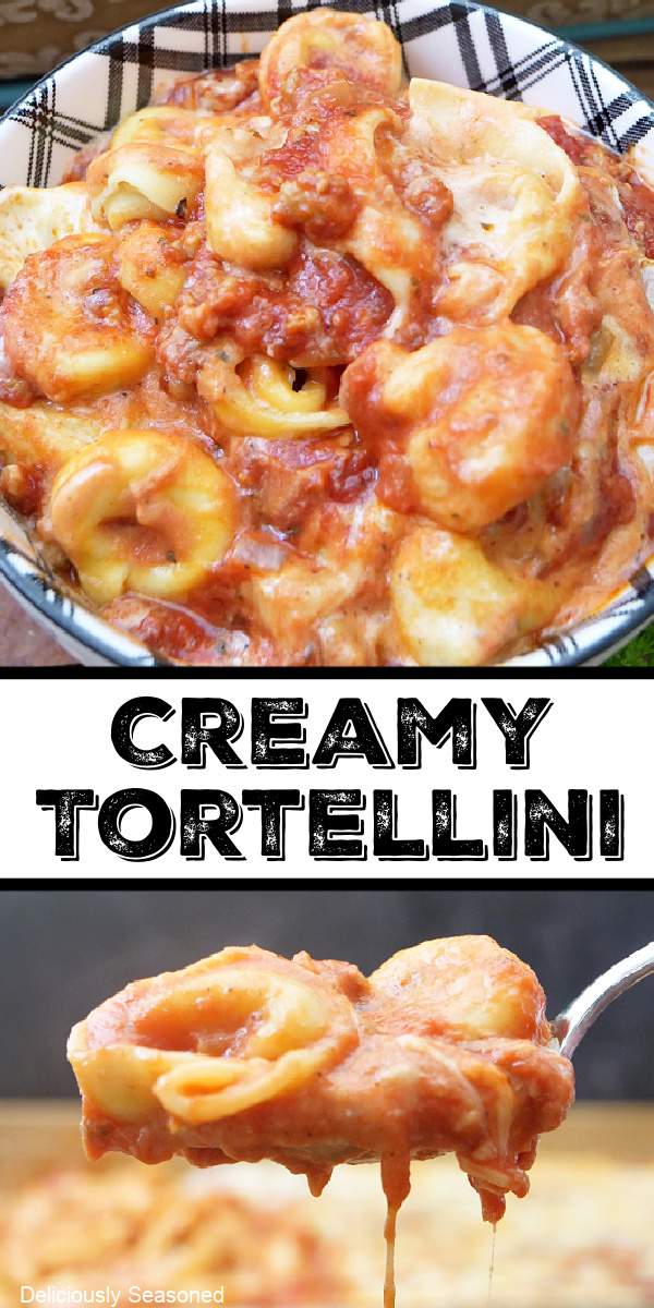 A double collage photo of creamy tortellini.