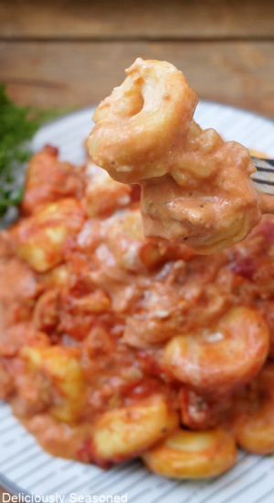 A bite of tortellini pasta on a fork held above a plate with a serving of tortellini.