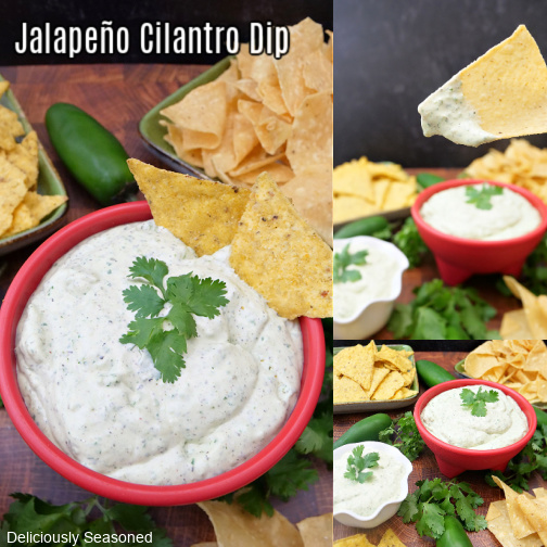 A three collage photo of jalapeno cilantro dip in a red bowl with tortilla chips placed around the bowl.