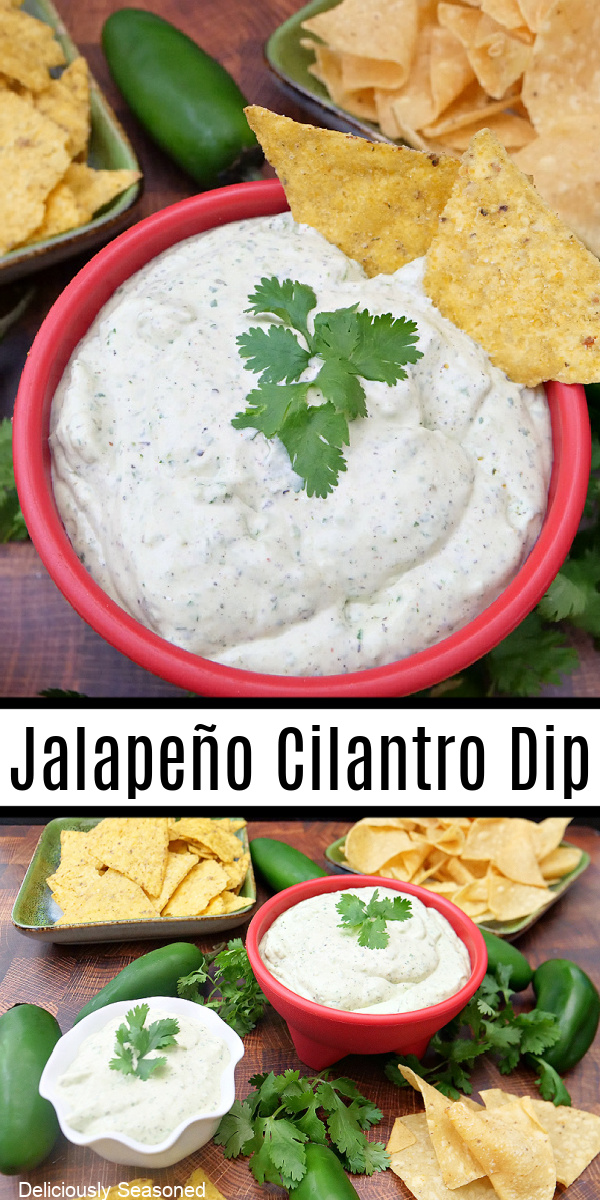 A double collage photo of jalapeno cilantro dip in a red small bowl.