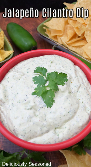 A close up of a red bowl filled with jalapeno cilantro dip.