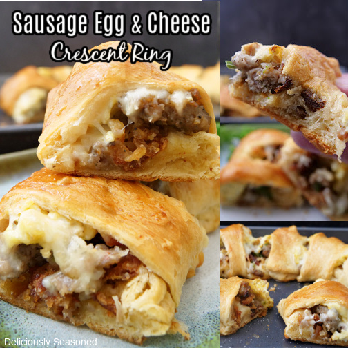 A triple photo collage of slices sausage egg and cheese crescent ring.
