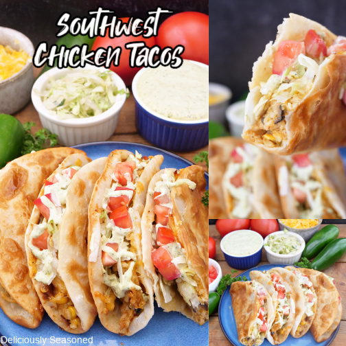 A three photo collage with southwest chicken tacos on it.