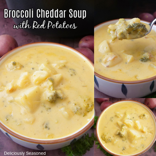 A three photo collage of broccoli cheddar potato soup.