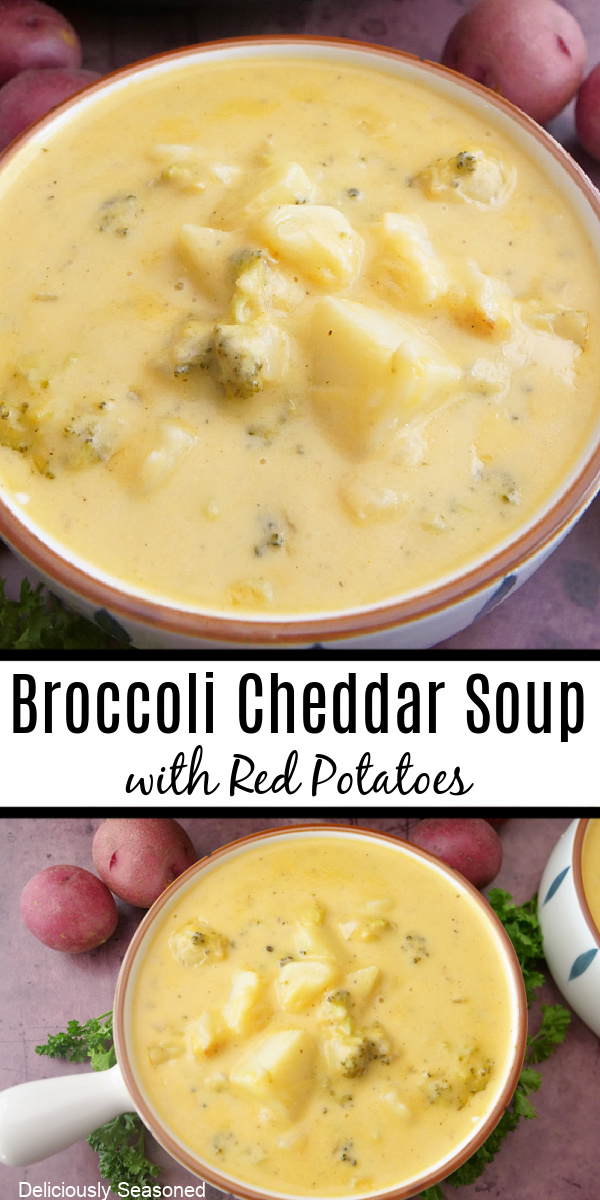 A double collage photo of cheesy broccoli potato soup.