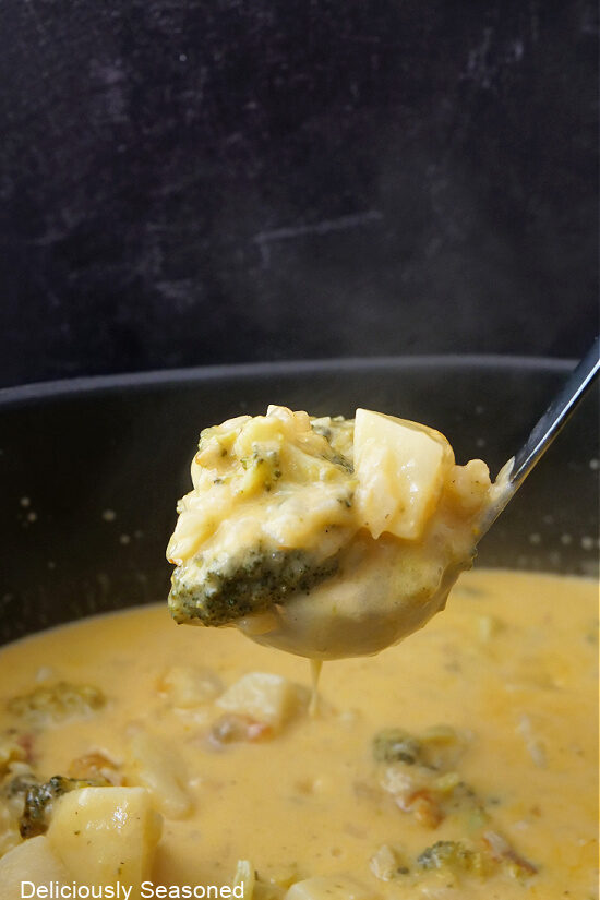 A ladle full of broccoli cheddar soup with chunks of potatoes.