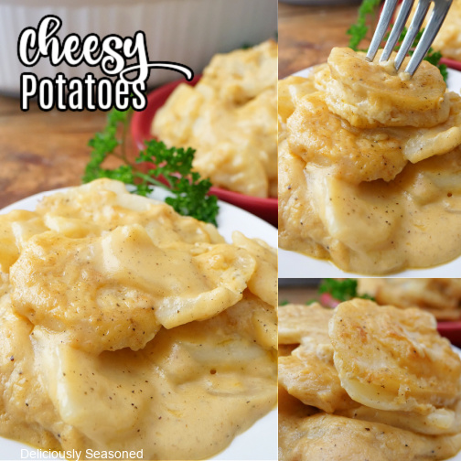 A three photo collage with a serving of cheesy scalloped potatoes on a white plate.
