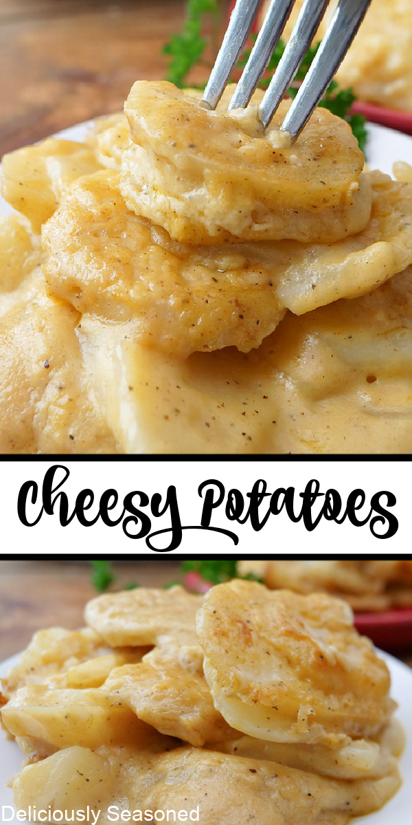 A double collage photo of cheesy potatoes.