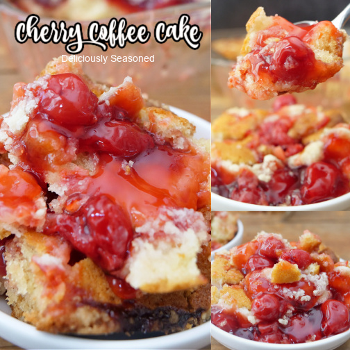 A three collage photo of cherry coffee cake in a small white bowl.