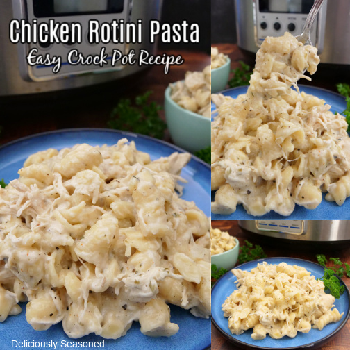 A three photo collage of chicken rotini pasta on a blue plate.