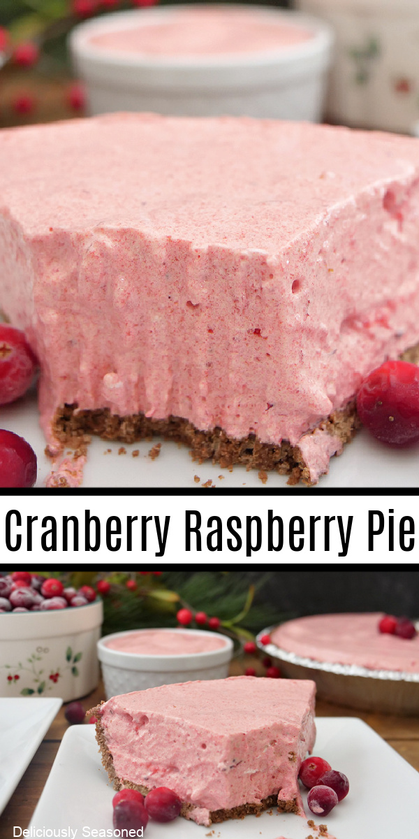 A double collage photo of a no bake cranberry raspberry pie.