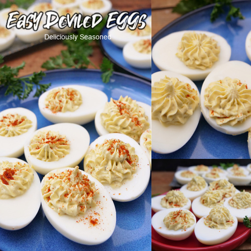 A three collage photo of deviled eggs on a blue plate.