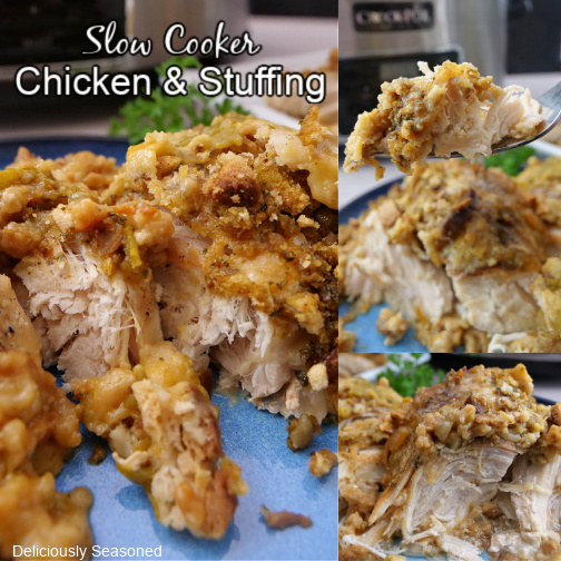 A triple photo collage of chicken and stuffing on a blue plate.