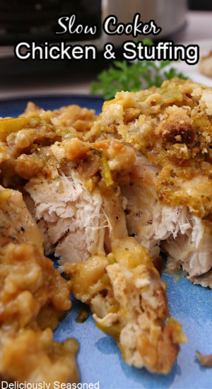 Tender chicken breasts covered in stuffing and placed on a blue plate.