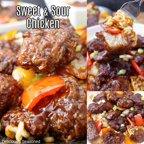 A three photo collage of sweet and sour chicken.