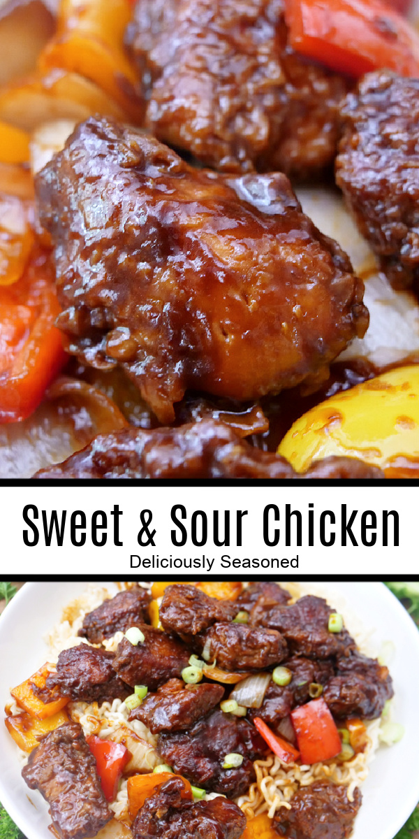 A double photo collage of sweet and sour chicken.