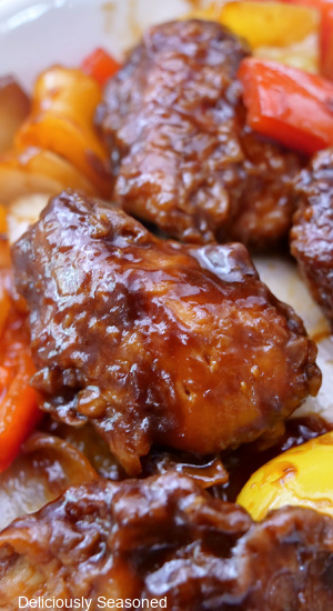 A close up of sweet and sour chicken.
