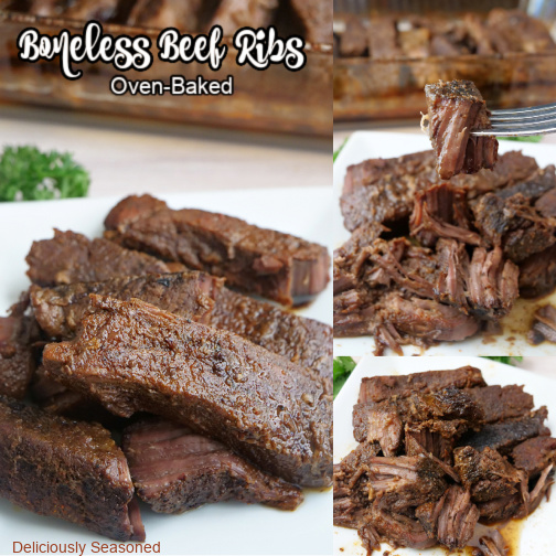 A three collage photo of boneless beef ribs on a white plate.