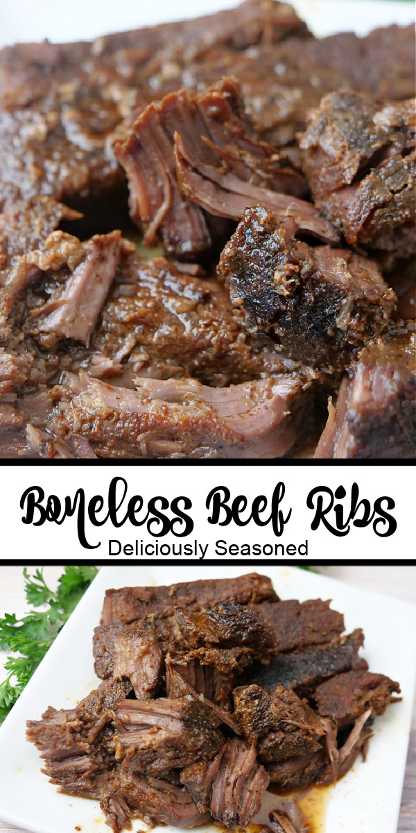 A double collage photo of boneless beef ribs.