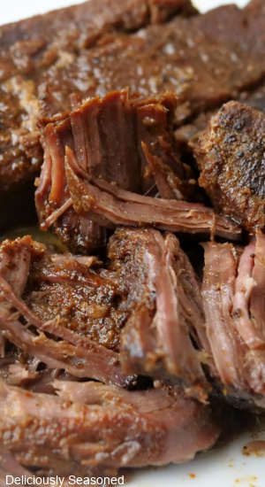 A super close up photo of tender boneless beef ribs.