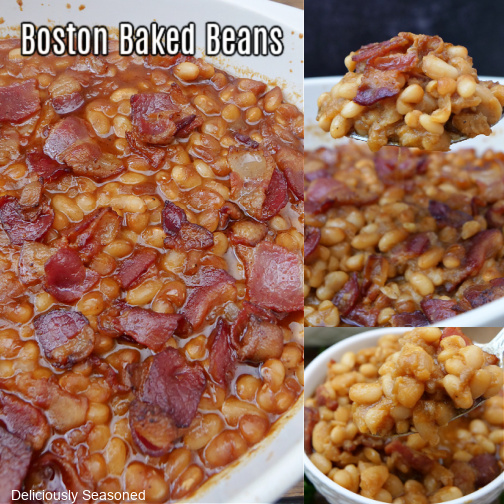A three photo collage of Boston Baked Beans in a white bowl.