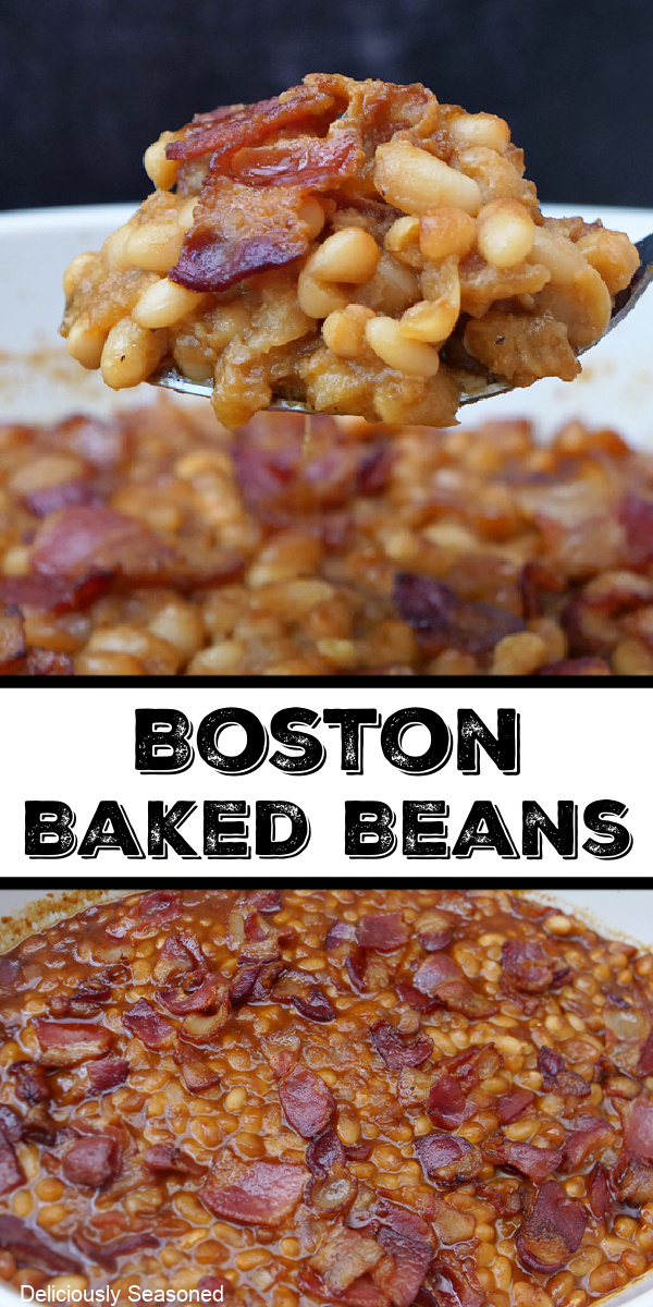 A double collage photo of Boston Baked Beans
