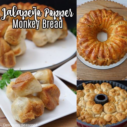 A three collage photo of jalapeno popper monkey bread.