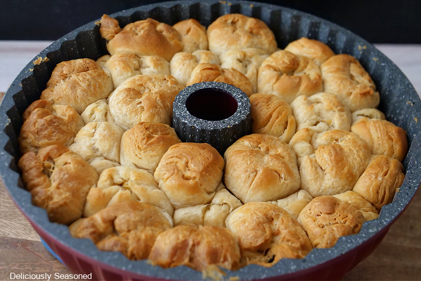 Jalapeno popper monkey bread in a Bundt pan right after being pulled from the oven.
