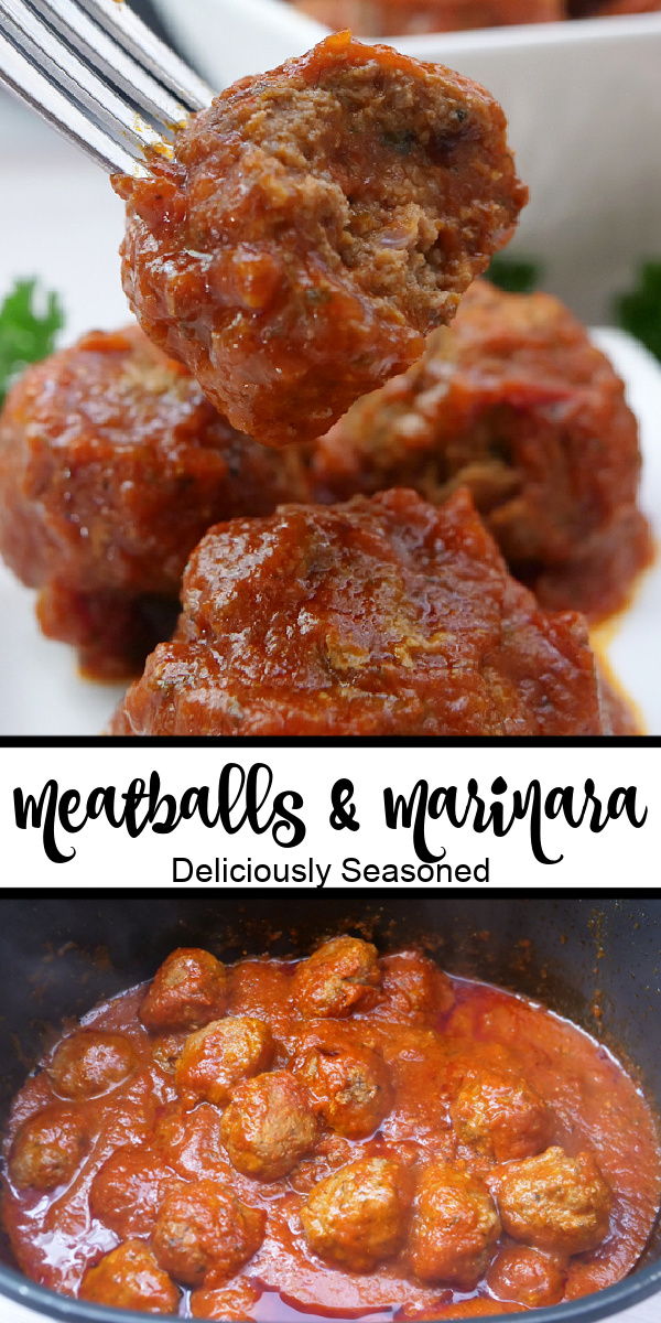 A double collage photo of homemade meatballs and homemade marinara sauce.
