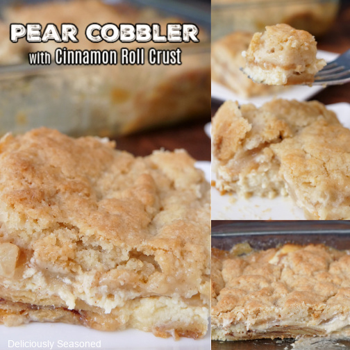 A three photo collage of pear cobbler on a white plate.