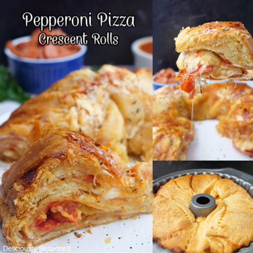 A three photo collage of pepperoni pizza crescent rolls on a white plate and in a bundt pan.
