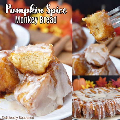 A collage with three photos of pumpkin spice monkey bread.