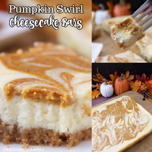 A three photo collage of pumpkin cheesecake bars.