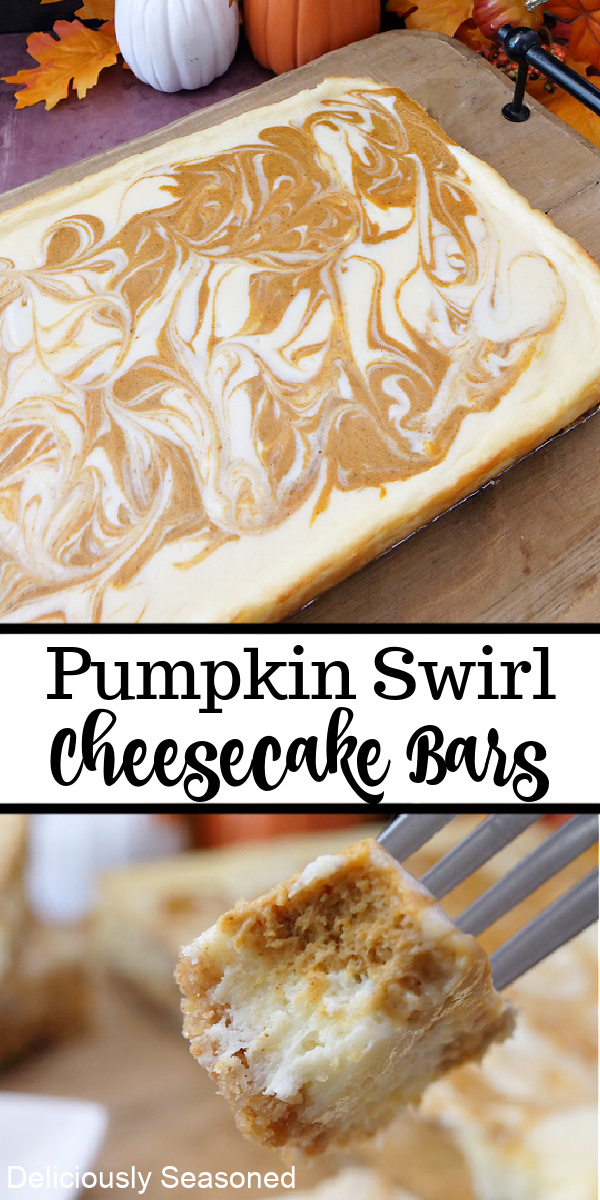 A double  photo collage of pumpkin swirl cheesecake bars.