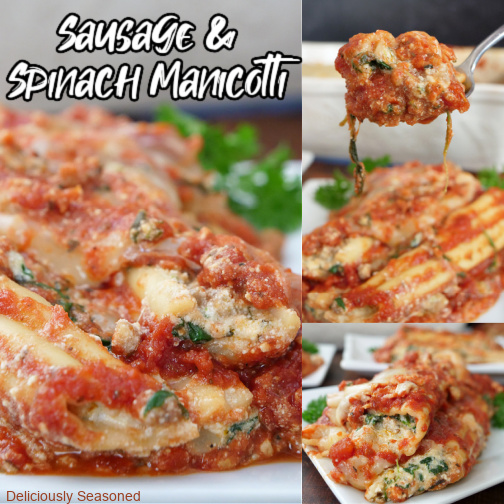 A three collage photo of stuffed manicotti with sausage and spinach.