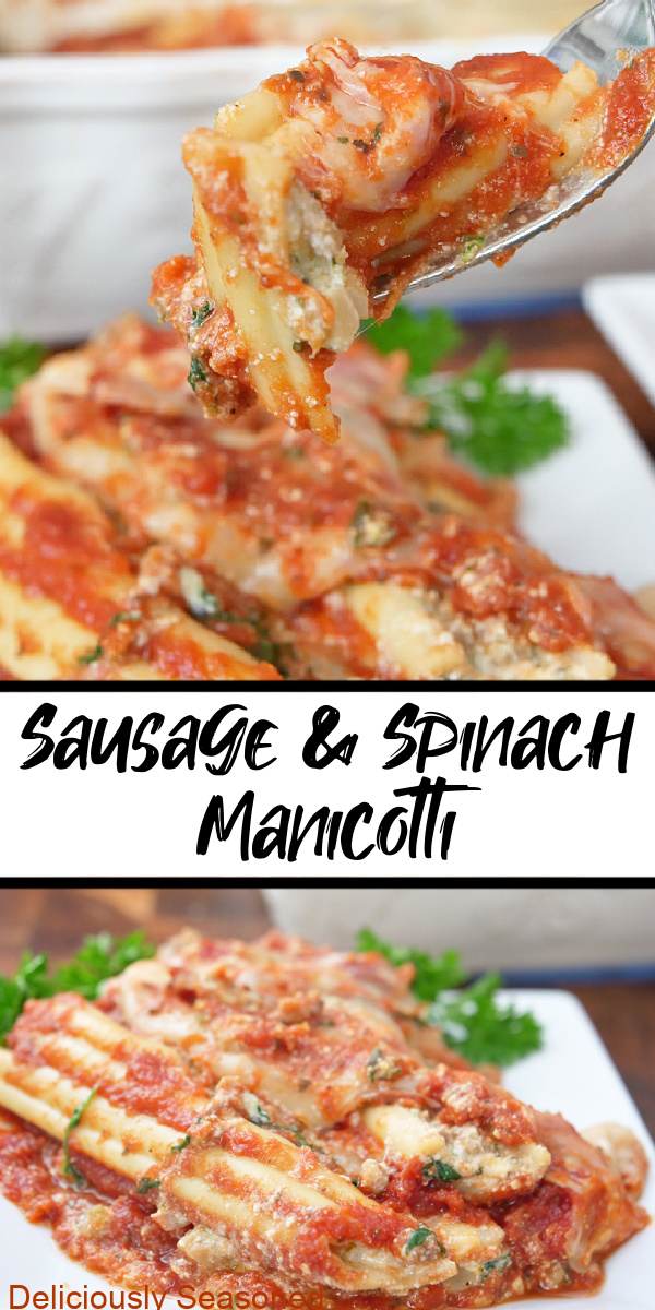 A double collage photo of stuffed manicotti on a white plate.