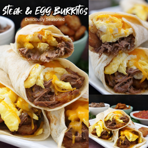A three collage photo of steak and egg burritos with beef, eggs, cheese and potato rounds.