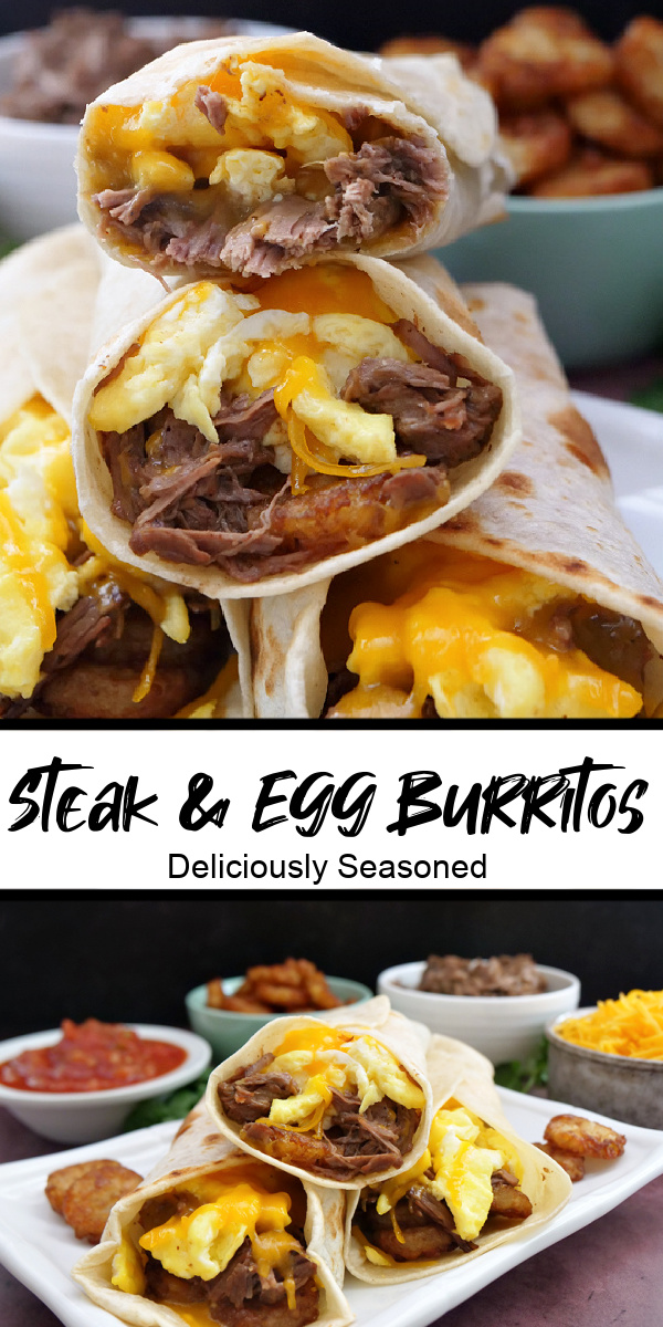 A double collage photo of steak and egg burritos and all the ingredients in the background.