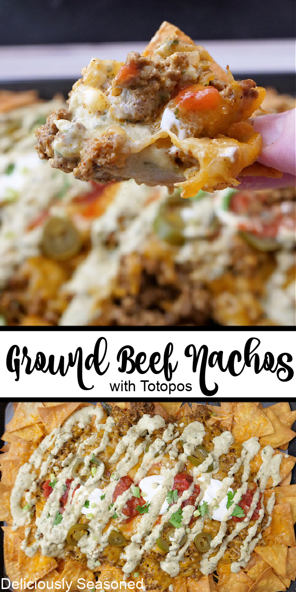 A double collage photo of ground beef nachos with homemade corn tortilla chips (totopos).