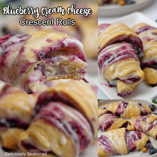 A three photo collage of blueberry cream cheese crescent rolls.