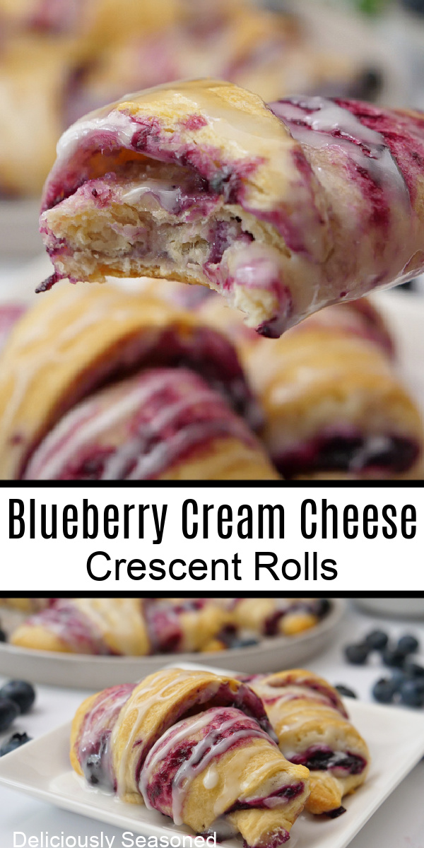 A double photo collage of blueberry cream cheese crescent rolls.