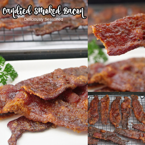 A three photo collage of candied bacon.