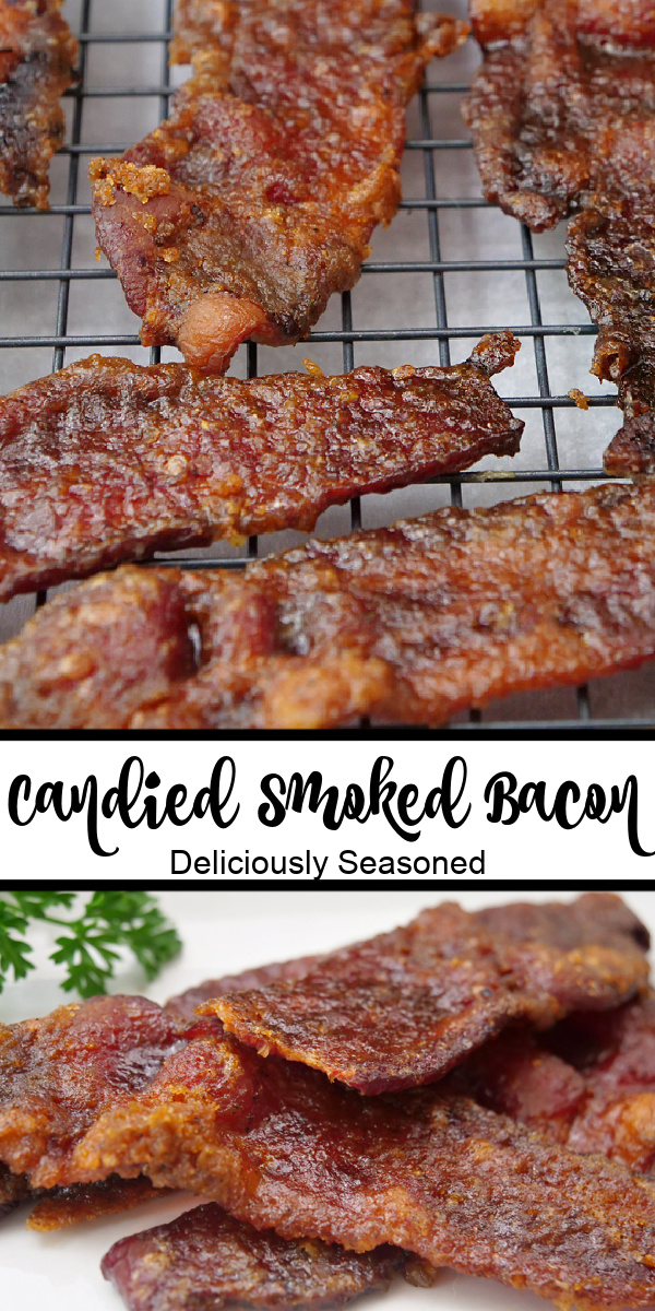 A double photo collage with candied bacon on a cooling rack and some on a white plate.