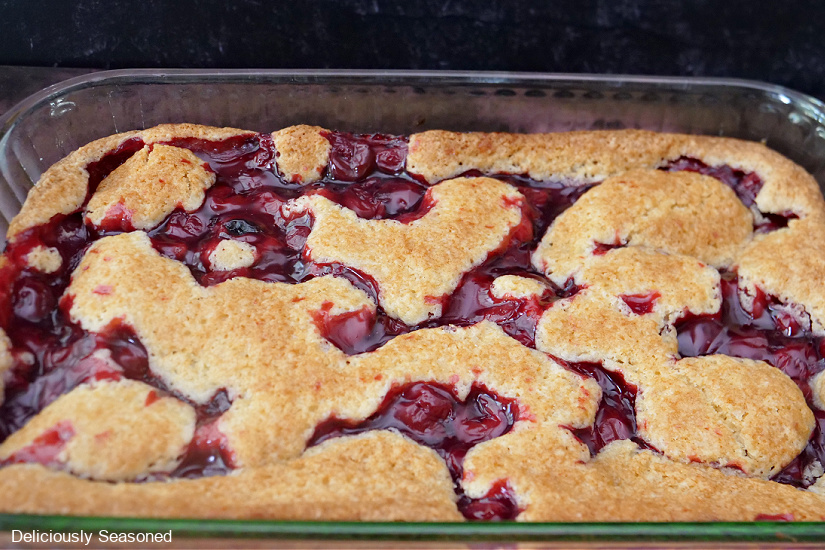 A baking dish with a freshly baked cherry surprise in it.
