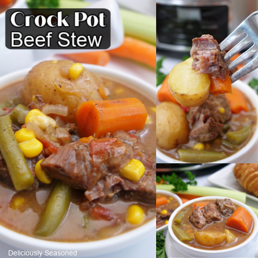 A three photo collage of beef stew.