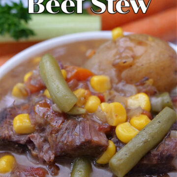 A title picture with a big white bowl filled with beef stew.