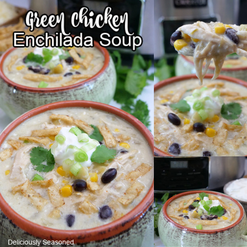 A three photo collage of green chicken enchilada soup.
