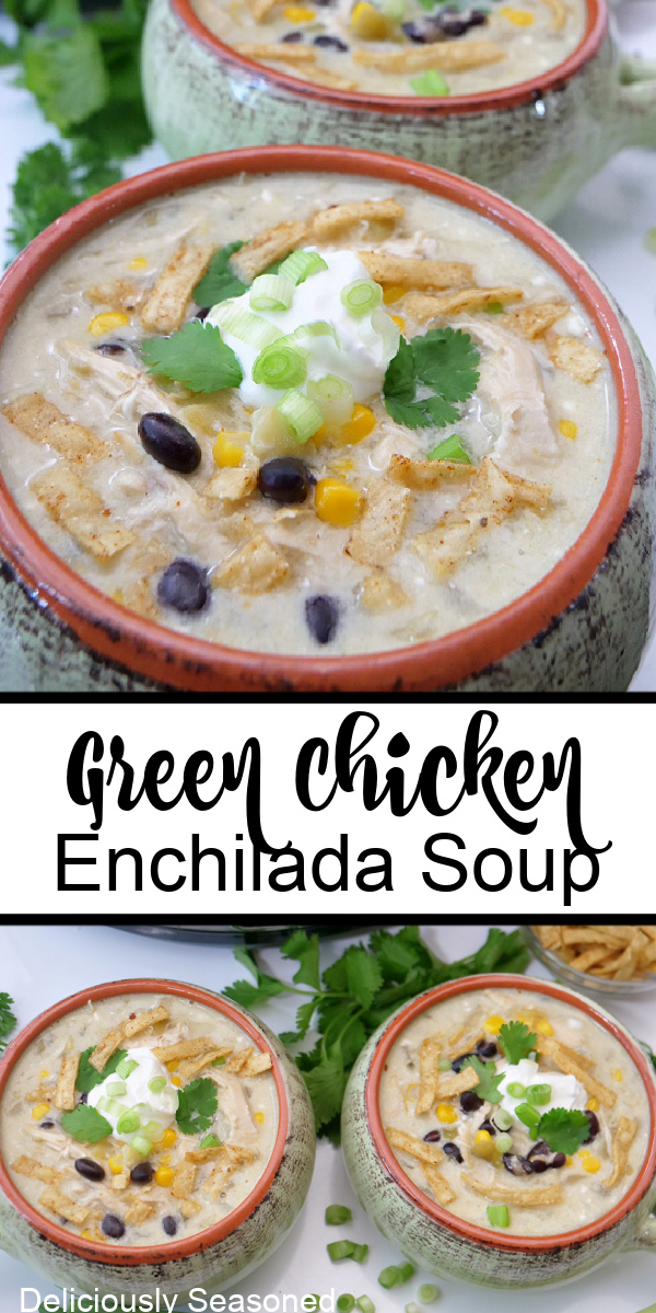 A double collage photo of chicken enchilada soup.